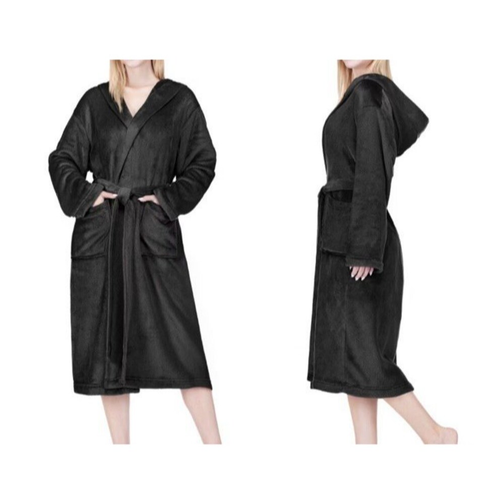 Pavilia Luxurious Soft Robe with Hood Bathrobe for Spa Bath Black Lightweight - Picture 2 of 4